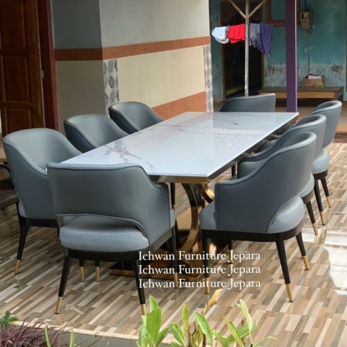 Set Meja Makan Marmer 8 Kursi